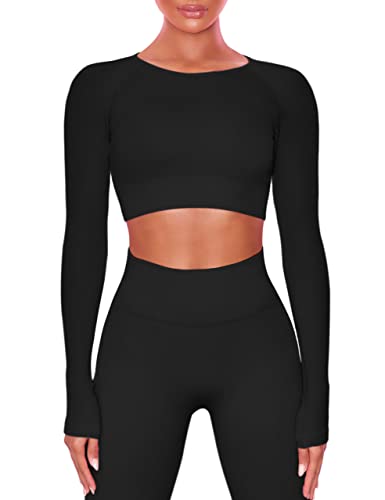 Buttergene Women Workout Sets 2 Pieces Long Sleeve Yoga Outfits Gym Clothes Seamless Ribbed Crop Top High Waist Leggings