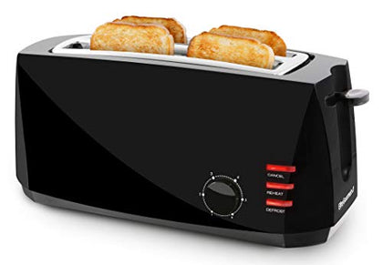 Elite Gourmet ECT4829B# Long Slot 4 Slice Toaster, Reheat 6 Toast Settings, Defrost, Cancel Functions, Built-in Warming Rack, Extra Wide Slots for Bagels Waffles, Black