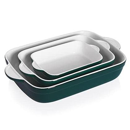 Sweejar Casserole Dish for Oven, Ceramic Non-Stick Roasting Baking Dish Sets of 3, Rectangular Lasagna Pan Deep for Cooking, Cake Dinner, Banquet, 13 x 9.4 Inch Bakeware with Handles (Jade)