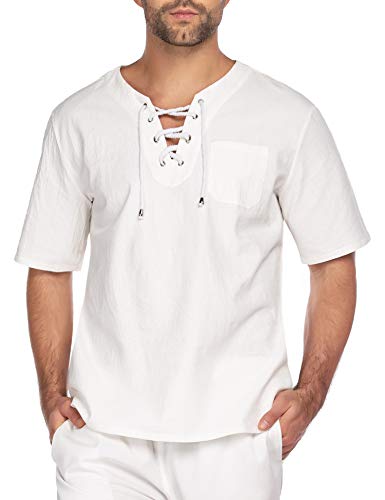 COOFANDY Mens Casual Cotton Linen T Shirt Beach Lace Up Hippie, White, XX-Large, Short Sleeve