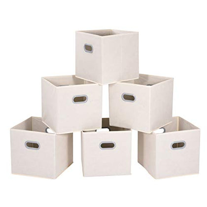 MaidMAX Cloth Storage Bins Cubes Baskets Containers with Dual Plastic Handles for Home Closet Bedroom Drawers Organizers, Foldable, Beige, 12×12×12?, Set of 6
