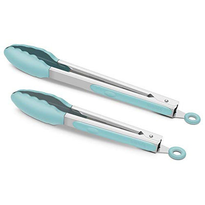 9-Inch & 12-Inch Cooking Tongs, Premium Silicone Set of 2 BPA Free Non-Stick Stainless Steel BBQ Grilling Locking Food Tong, Aqua Sky