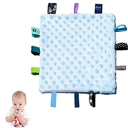HECCEI Baby Tags Security Blankets - Baby Soothing Plush Blanket with Colorful Tags, Square Sensory Toys, 10 x 10 inches, for 3-12 Months Babies(Blue)