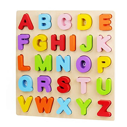 Alphabet Puzzle, WOOD CITY ABC Letter Puzzles for Toddlers1 2 3 Years Old, Educational Learning Toys for Toddlers, Alphabet Toys with Puzzle Board & Letter Blocks, Best Gifts for Girls and Boys