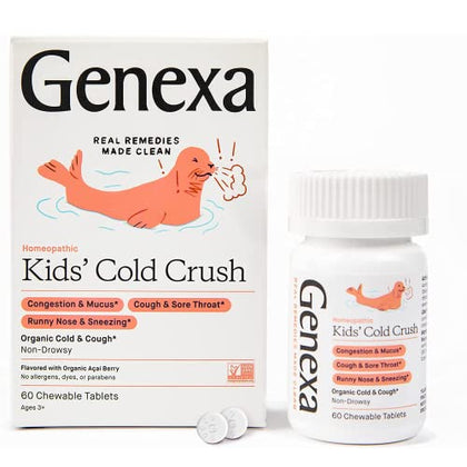 Genexa Kids' Cold Crush for Cold & Cough Non-Drowsy Remedy | Congestion, Sore Throat, & Runny Nose Relief | Delicious Acai Berry Flavor | Certified Vegan, Gluten Free, & Non-GMO | 60 Chewable Tablets