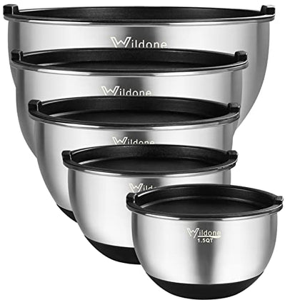 Wildone Mixing Bowls with Airtight Lids, Stainless Steel Nesting Mixing Bowls Set of 5, with Non-slip Silicone Bottoms, Size 8, 5, 3, 2, 1.5 QT, Stackable Design, Great for Mixing and Prepping