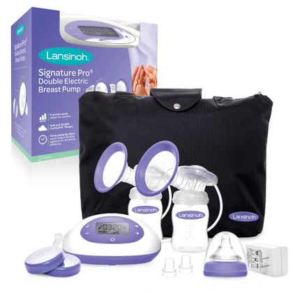 Lansinoh Signature Pro Double Electric Breast Pump, Portable , 3 Power Options, LCD Display, Includes Breast Pump Bag, 25mm Breast Pump Flanges and 2 Lansinoh Baby Bottles