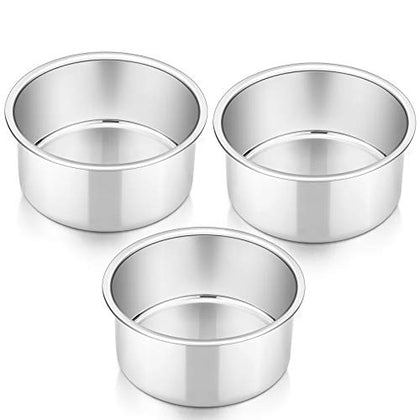 P&P CHEF 4 Inch Cake Pan Set of 3, Small Stainless Steel Round Baking Layer Pans Bakeware for Mini Cake Pizza Bread, Non Toxic & Healthy, Leakproof & Easy Clean, Mirror Finish & Easy Releasing