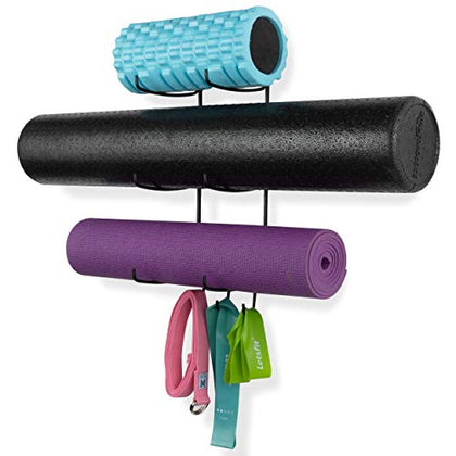Wallniture Guru Wall Mount Yoga Mat Home Gym Equipment Resistance Bands and Foam Roller Holder with 3 Hooks 3 Sectional Metal Black
