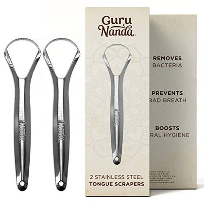 GuruNanda Stainless Steel Tongue Scraper (Pack of 2) with Travel Case, Medical Grade 100% Stainless Steel, Aids in Fresh Breath & Overall Oral Care - Travel Friendly Tongue Scraper For Adults and Kids