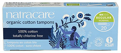 Natracare Non-Applicator 100% Organic Cotton Tampons, Regular, Totally Chlorine Free, Biodegradable and Compostable (1 Pack, 20 Tampons Total)