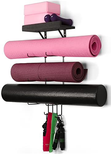 Bikoney Yoga Mat Holder Wall Mount Yoga Mat Storage Home Gym Accessories with Wood Floating Shelves and 4 Hooks for Hanging Foam Roller and Resistance Bands at Fitness Class or Home Gym Vintage Black