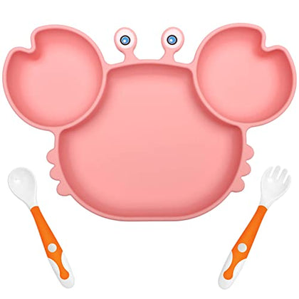 YIVEKO Baby Plates with Suction Divided, Baby Spoon Fork Set for Toddlers, Silicone Plates for Kids with Suction Baby Dishes Kids Plates and Utensils-crab pink