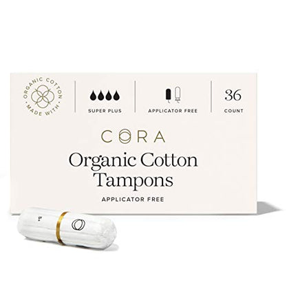 Cora 100% Organic Cotton Non-Applicator Tampons | Ultra-Absorbent, Unscented, Natural, Non-Toxic, Applicator Free | Eco-Conscious (36 Super Plus Tampons)
