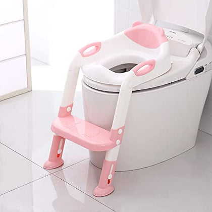 Toilet Potty Training Seat with Step Stool Ladder,711TEK Potty Training Toilet for Kids Boys Girls Toddlers-Comfortable Safe Potty Seat with Anti-Slip Pads Ladder(PInk)