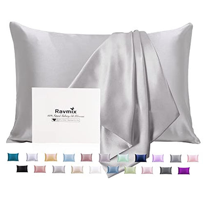 Ravmix Silk Pillowcase for Hair and Skin with Hidden Zipper, Both Sides 21Momme Mulberry Silk Cooling Pillow Case Standard Size 20×26inches, 1PCS, Apricot Gray