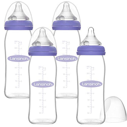 Lansinoh Glass Baby Bottles for Breastfeeding Babies, 8 Ounces, 4 Count, Includes 4 Medium Flow Nipples (Size 3M)