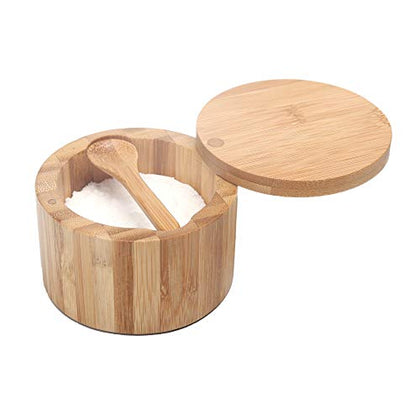 KITCHENDAO Bamboo Salt Cellar Bowl Box Container with Built-in Spoon, Elegant Kitchen Salt Dish Holder Saver Jar with Swivel Magnetic Lid to Storage Pepper Spice Bath Salt Sea Salt, 6OZ