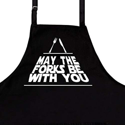 Nomsum Aprons for Men | May The Forks Be With You | Premium Quality Funny Aprons | Best for BBQ, Grilling and Cooking | Grill and BBQ Accessories | Chef Kitchen Grilling Apron | One Size Fits All