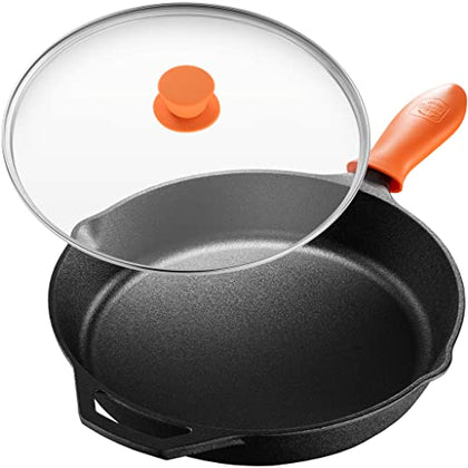 LEGEND COOKWARE | Cast Iron Skillet with Lid | Large 12 Frying Pan with Glass Lid & Silicone Handle for Oven, Induction, Cooking, Pizza, Sautéing & Grilling