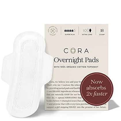 Cora Organic Pads | Ultra Thin Period Pads with Wings | Overnight Absorbency | Ultra-Absorbent Sanitary Pads for Women | 100% Organic Cotton Topsheet (18 Count)