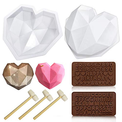 Heart Chocolate Mold, IVARSOYA 2Pcs Diamond Heart Silicone Molds for Baking with 3Pcs Wooden Hammers 1Pc Letter Mold 1Pc Number Mold Tray for Home Kitchen Cake Baking and Decoration