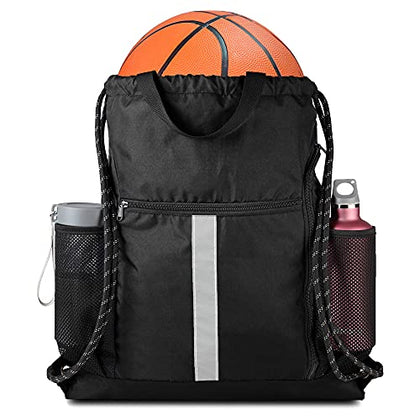 BeeGreen Drawstring Backpack Bag Sports Gym Backpack with Shoe Compartment and Two Water Bottle Holder for Men Women Large String Backpack Athletic Sackpack Workbag Black