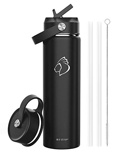 BUZIO 22oz Insulated Water Bottle with Straw Lid and Flex Cap, Wide Mouth Vacuum Insulated Stainless Steel Double Wall Water Flask,Cold for 48 Hrs Hot for 24 Hrs Simple Thermo Canteen Mug, Black