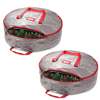 ZOBER Christmas Wreath Storage Container - 24 Inch Plastic Wreath Storage Bag - Dual Zippered Wreath Bag - Durable Stitch Reinforced Handles - Wreath Christmas Storage - 2 Pack