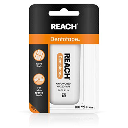 Reach Dentotape Waxed Dental Floss | Effective Plaque Removal, Extra Wide Cleaning Surface | Shred Resistance & Tension, Slides Smoothly & Easily, PFAS FREE | Unflavored, 100 Yards, 1 Pack