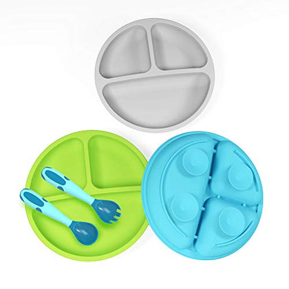 3 Pack Safe Silicone Baby Suction Plates - Toddler Divided Plate Set with Spoon Fork, Dishwasher and Microwave Safe (Blue, Green & Gray)