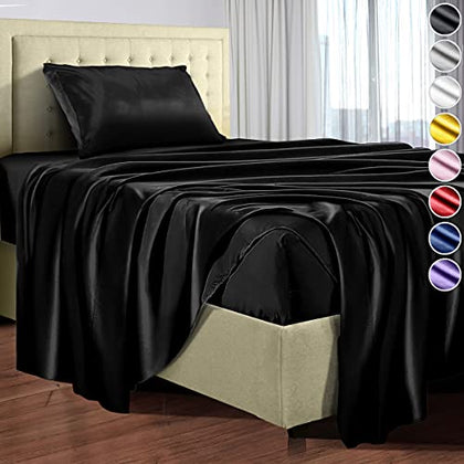 DECOLURE Satin Sheets Twin Size Set 4 Pcs - Silky & Luxuriously Soft Satin Bed Sheets w/ 15 inch Deep Pocket - Double Stitching, Wrinkle Free (Black)
