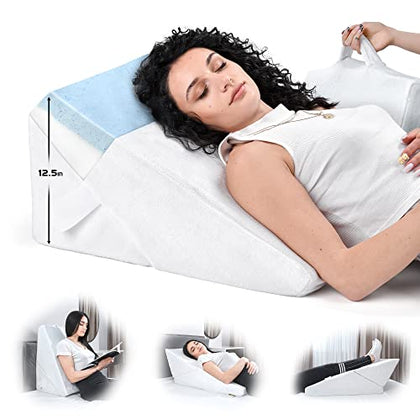 ONDEKT Bed Wedge Pillow - Multipurpose Adjustable Leg Support Pillow - Cooling Gel Memory Foam Top - Helps for Acid Reflux Heartburn, Allergies, Snoring - Machine Washable Cover with Handle (White)