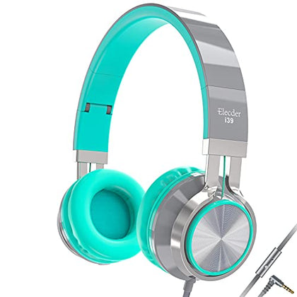 ELECDER i39 Headphones with Microphone Foldable Lightweight Adjustable On Ear Headsets with 3.5mm Jack for Cellphones Computer MP3/4 Kindle School (Mint/Gray)