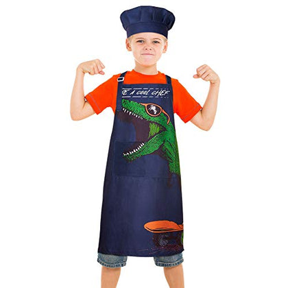 MHJY Kids Apron Chef Hat Set for Boys Dinosaur Aprons with Adjustable Strap 2 Pockets,Child Apron for Cooking Baking,Dark Blue,Small (3-7 Years)