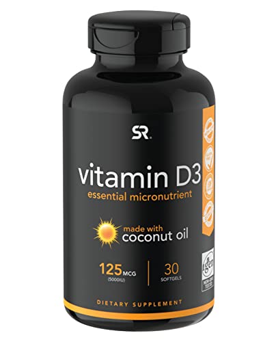 Sports Research Vitamin D3 5000 IU with Coconut MCT Oil - High Potency Vitamin D Supplement for Immune & Bone Support - Non-GMO Verified, Gluten & Soy Free - 125mcg, 30 Liquid Softgels