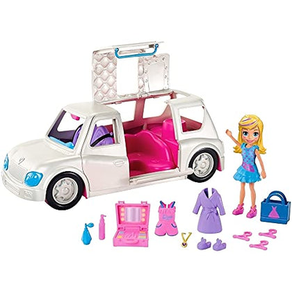 Polly Pocket Arrive in Style Limo Vehicle with 3-inch Polly Doll, 3 Hangers, Makeup Case, Shopping Bag, Romper, Robe, Slippers, Shoes, Dress & More, Ages 4 and Older (Amazon Exclusive)