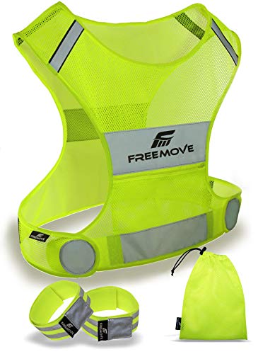 FREEMOVE Reflective Vest Running Gear + 2 Bands & Bag/Ultralight & Comfy Safety Vests with Front Pocket > High Visibility Reflector > for Kids, Women > Running, Dog Walking or Cycling