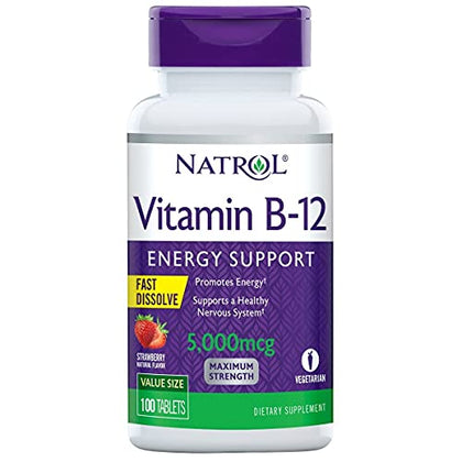 Natrol Vitamin B-12 5000mcg, Dietary Supplement for Energy and Healthy Nervous System Support, 100 Strawberry-Flavored Fast Dissolve Tablets, 100 Day Supply