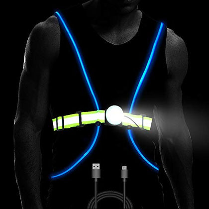 LONGU Led Running Reflective Vest Safety Night Light USB Rechargeable Cycling Multicolored Fiber Optics Suit Women Men Kids Adjustable Light Weight Gear for Jogging Biking
