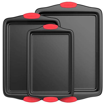 NutriChef Non-Stick Kitchen Oven Baking Pans-Deluxe & Stylish Nonstick Gray Coating Inside Outside, Commercial Grade Restaurant Quality Metal Bakeware with Red Silicone Handles NCSBS3S, 3 Piece Set
