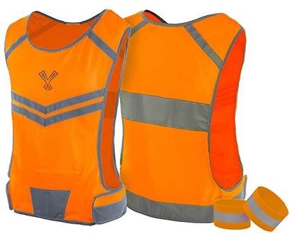 The 247 Viz Reflective Vest With Inside Pocket & 2 High Visibility Running Safety Bands, Neon Orange, Small