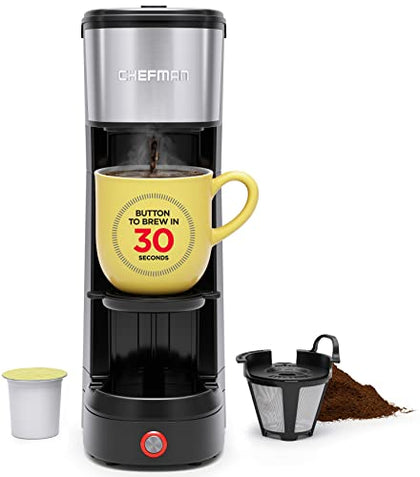 Chefman InstaCoffee Max, The Easiest Way to Brew the Boldest Single-Serve Coffee, Use Fresh And Flavorful Grounds or K-Cups With A Convenient Built-In Lift, Black/Stainless Steel