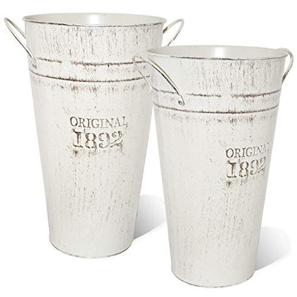 LESEN Metal Galvanized Flower Vase - Set of 2 - Farmhouse French Bucket - Table Centerpiece Rustic Home Decor for Fresh and Dried Floral Arrangements for Home and Weddings