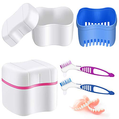 2 Denture Bath Cases Denture Cups with 2 Denture Cleaner Brushes Denture Boxes Dentures Container with Basket Denture Holder Brush Retainer Case for Travel Retainer Cleaning (Blue, Red, Purple)
