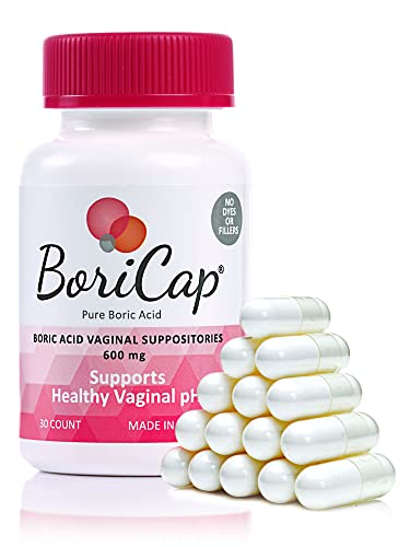 BoriCap Boric Acid Suppositories - 30 Count, 600mg - Restores pH and Normal Vaginal Health - Feminine Hygiene Products for Vaginal Odor & Discomfort - Suppository Made Without Dyes or Fillers