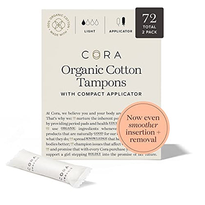 Cora Organic Applicator Tampons | Light Absorbency | 100% Organic Cotton, Unscented, Plant-Based Compact Applicator | Leak Protection, Easy Insertion, Non-Toxic | 36 Count x 2 Packs (72 Count Total)