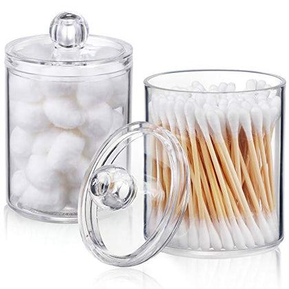AOZITA 2 Pack Qtip Holder Dispenser for Cotton Ball, Cotton Swab, Cotton Round Pads, Floss - 10 oz Clear Plastic Apothecary Jar Set for Bathroom Canister Storage Organization, Vanity Makeup Organizer