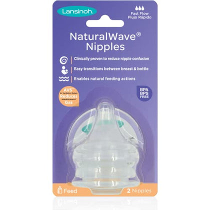 Lansinoh NaturalWave Baby Bottle Nipples, Fast Flow, Size 4L, Anti-Colic, 2 Count