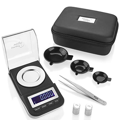 Smart Weigh 50g x 0.001 grams, Premium High Precision Digital Milligram Scale, includes Tweezers, Calibration Weights,Three Weighing Pans and Case